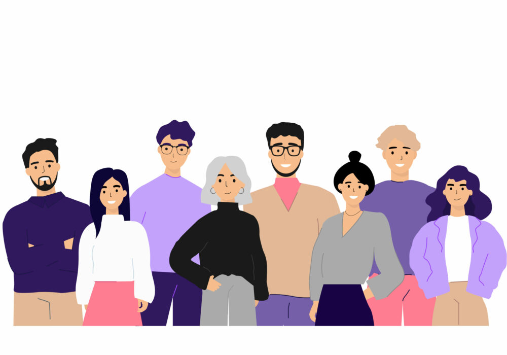 Corporate portrait of office workers and employees Corporate portrait of office workers and employees flat vector illustration. Cartoon happy business team, colleagues standing together. Staff and professionals concept